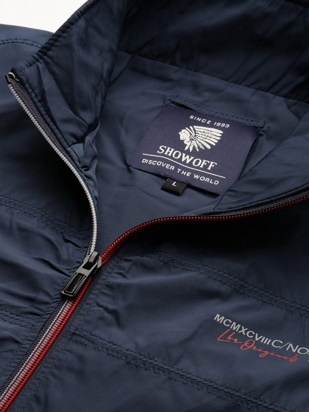 Men Navy Blue Mock Collar Bomber Jacket