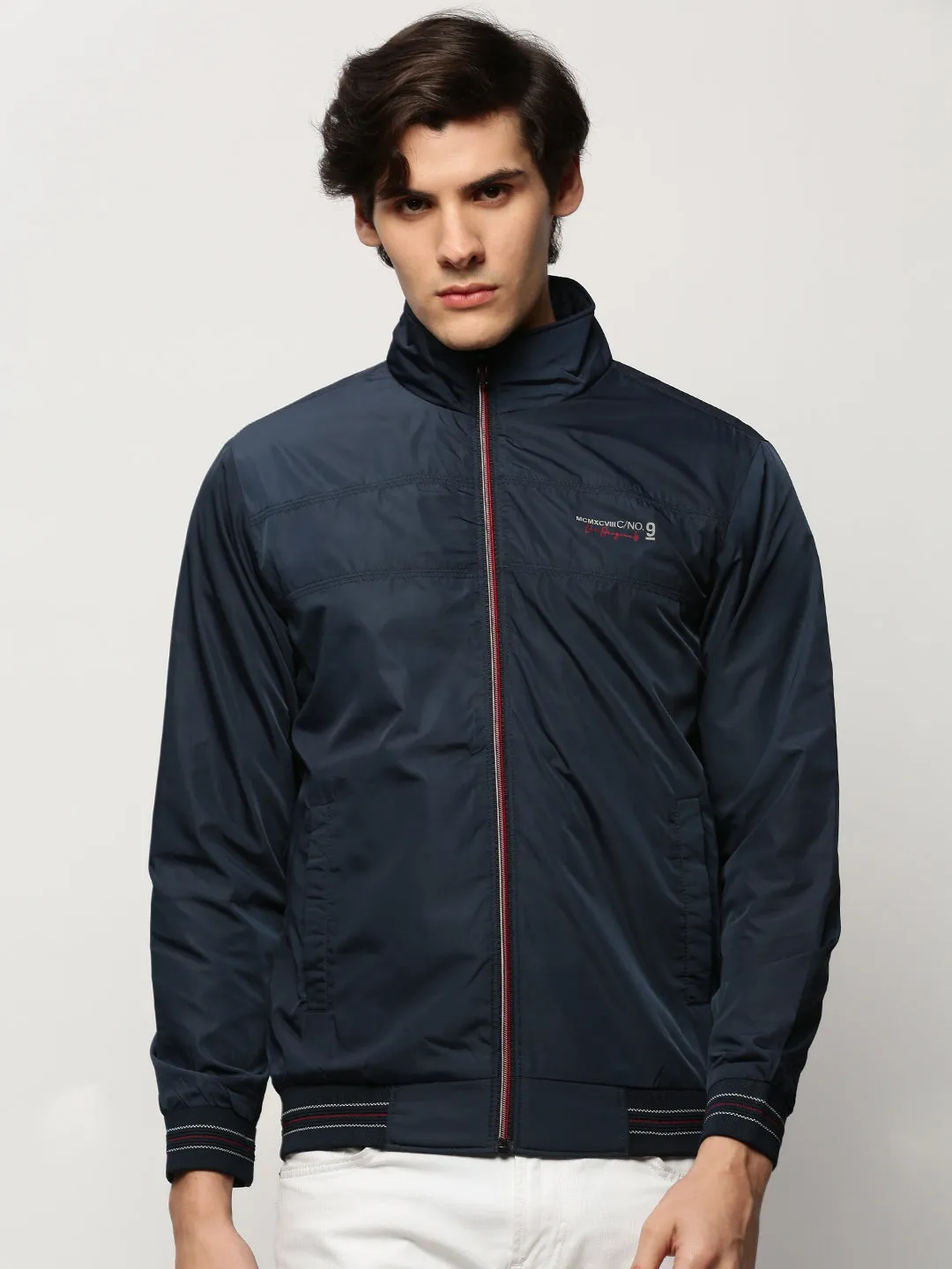 Men Navy Blue Mock Collar Bomber Jacket