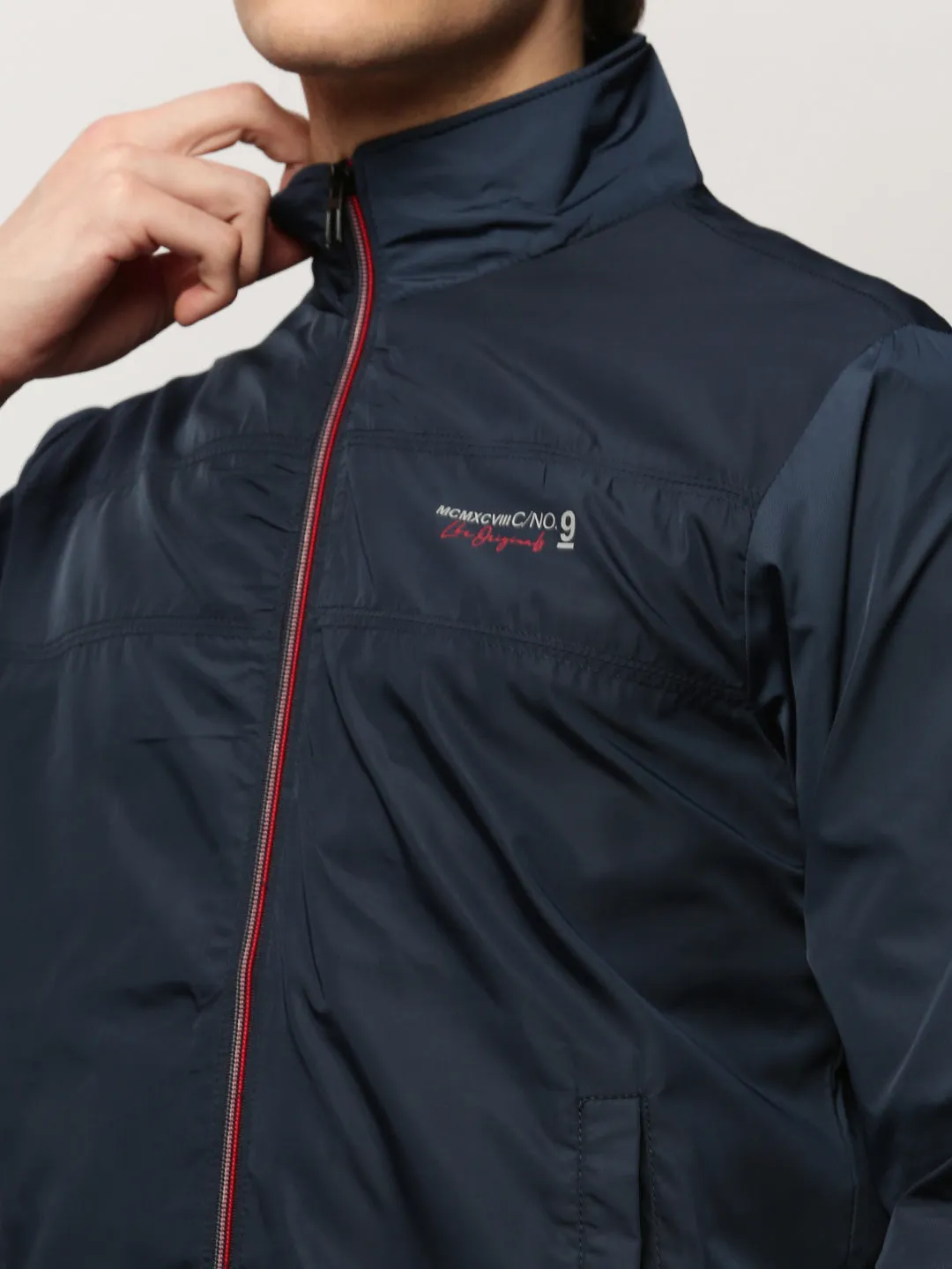 Men Navy Blue Mock Collar Bomber Jacket