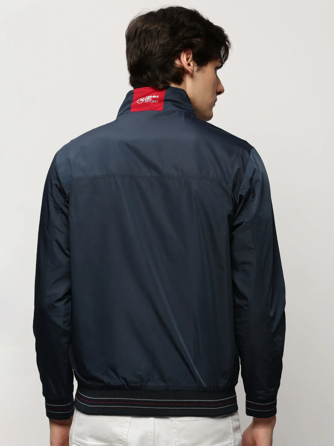 Men Navy Blue Mock Collar Bomber Jacket