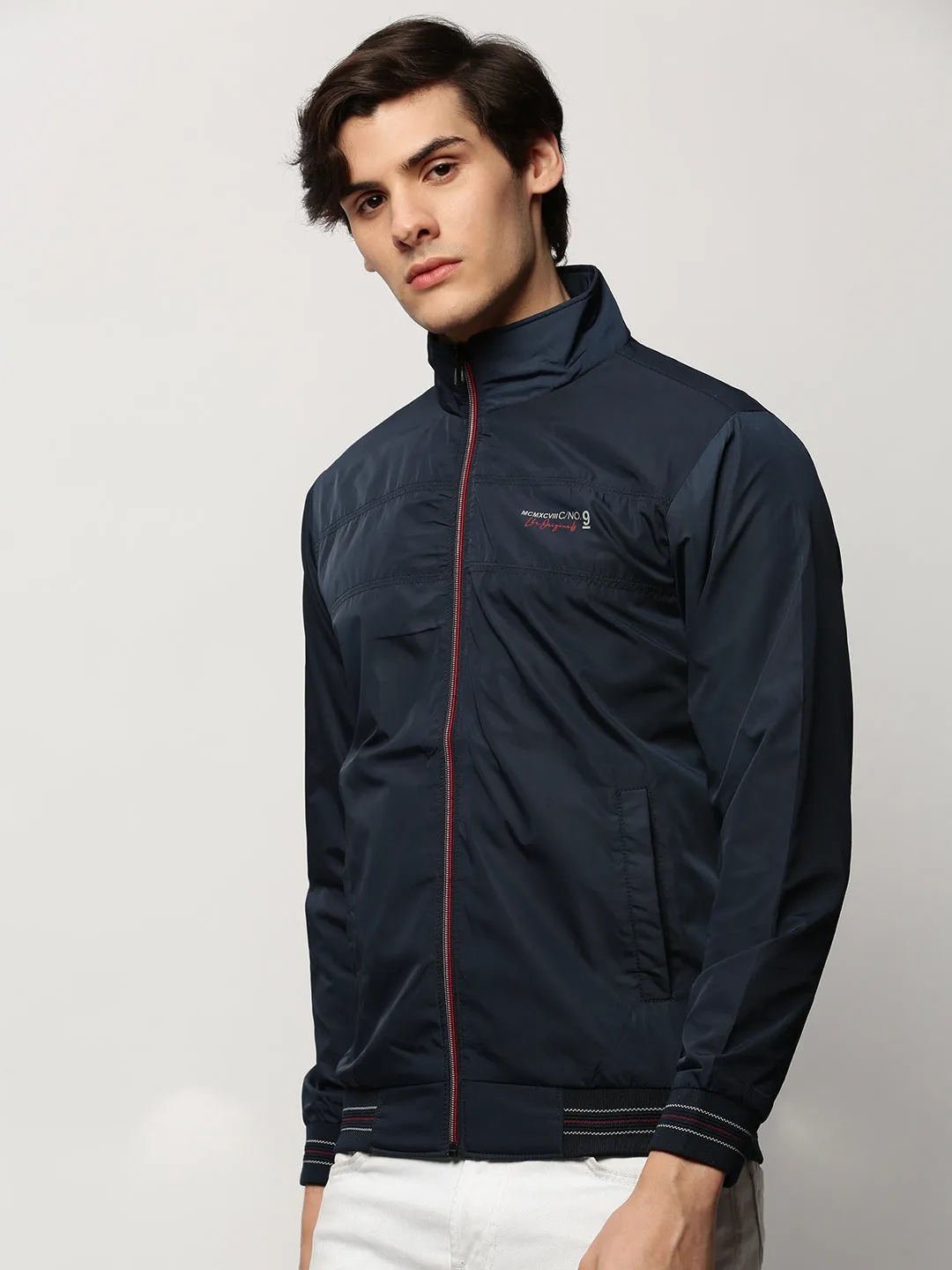 Men Navy Blue Mock Collar Bomber Jacket