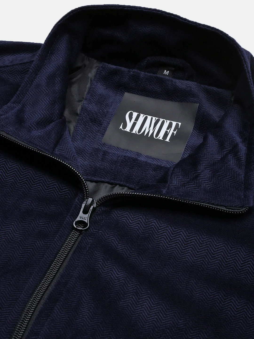 Men Navy Blue Mock Collar Solid Casual Bomber Windcheater Jacket