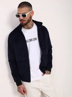 Men Navy Blue Mock Collar Solid Casual Bomber Windcheater Jacket
