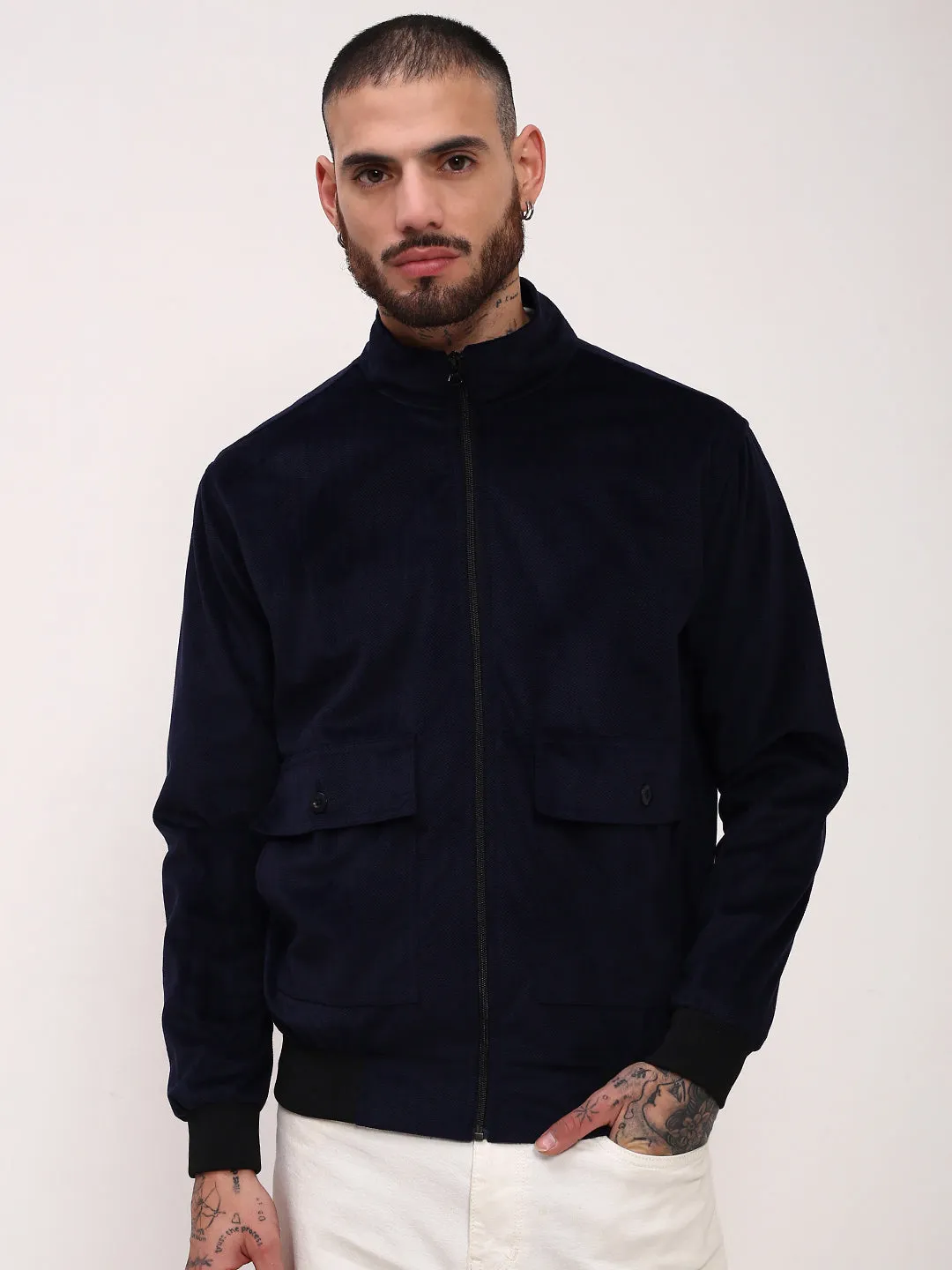 Men Navy Blue Mock Collar Solid Casual Bomber Windcheater Jacket