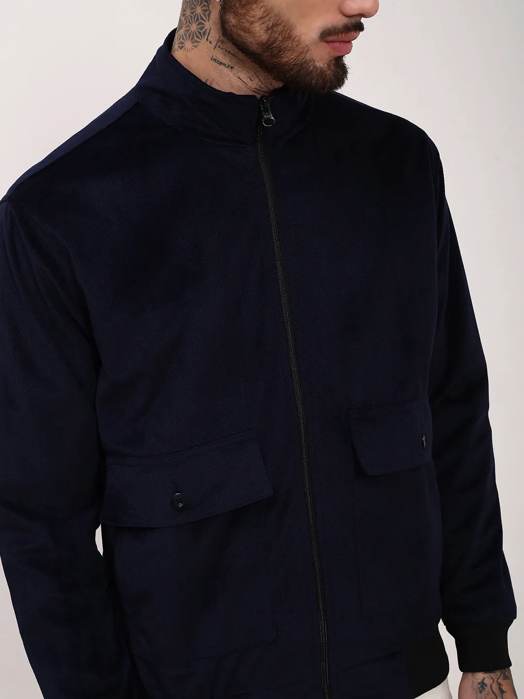 Men Navy Blue Mock Collar Solid Casual Bomber Windcheater Jacket