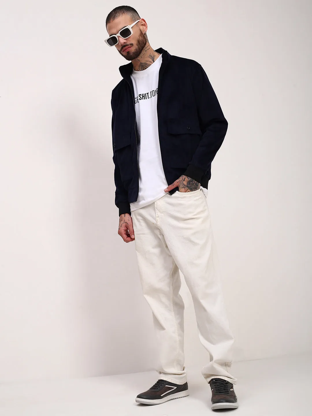Men Navy Blue Mock Collar Solid Casual Bomber Windcheater Jacket