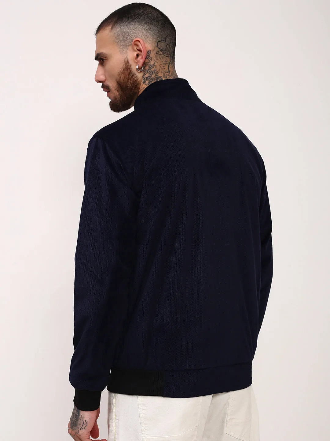 Men Navy Blue Mock Collar Solid Casual Bomber Windcheater Jacket