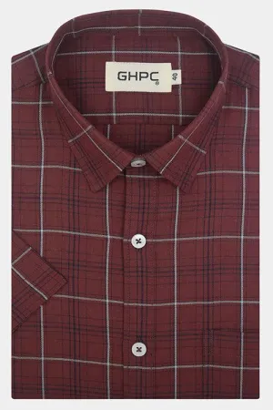 Men's 100% Cotton Grid Tattersall Checkered Half Sleeves Shirt (Rust Brown)
