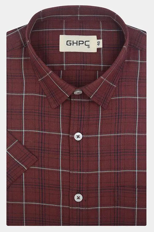 Men's 100% Cotton Grid Tattersall Checkered Half Sleeves Shirt (Rust Brown)