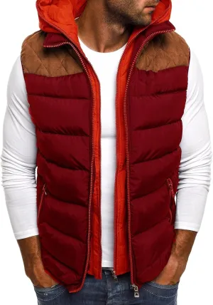 Men's Lightweight Quilted Jacket Vest Fashion Spell Color Vest Zipper Cotton-Padded Coat with Hooded Fall Winter