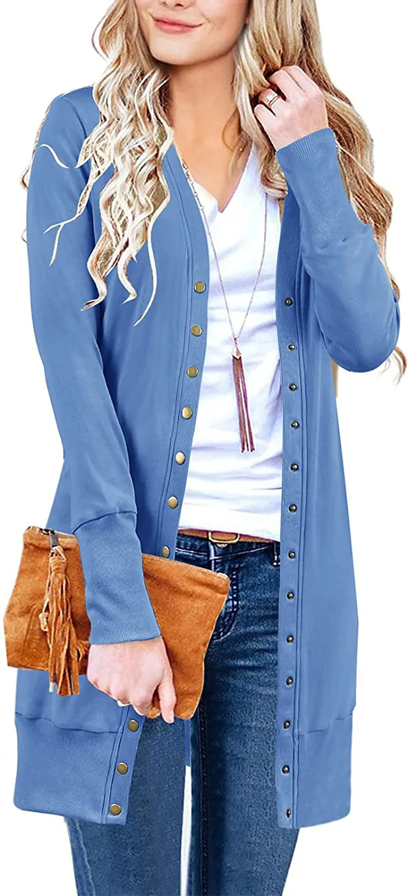 MEROKEETY Women's Long Sleeve Snap Button Down Solid Color Knit Ribbed Neckline Cardigans