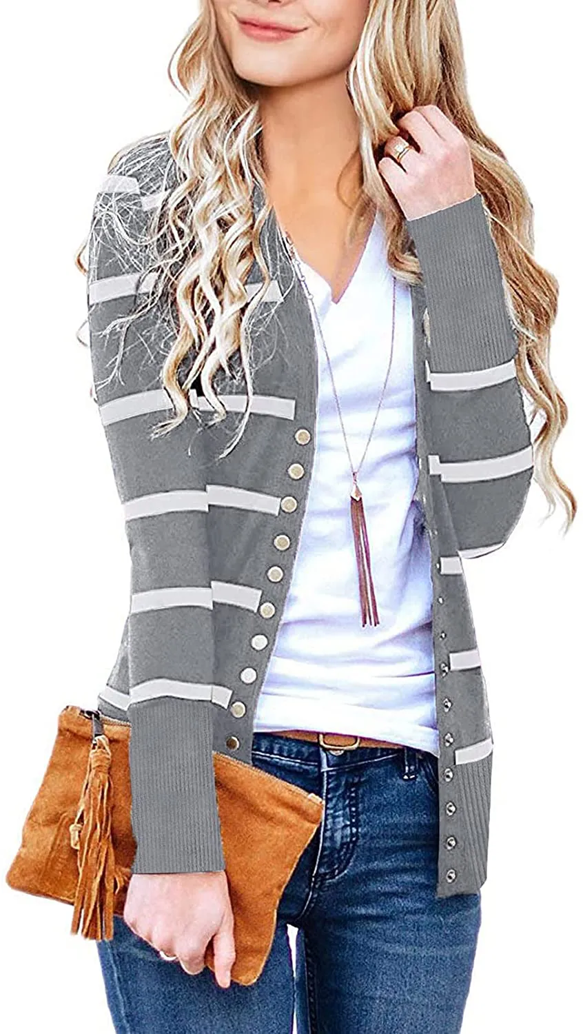 MEROKEETY Women's Long Sleeve Snap Button Down Solid Color Knit Ribbed Neckline Cardigans