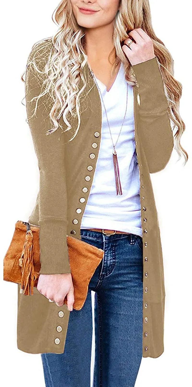 MEROKEETY Women's Long Sleeve Snap Button Down Solid Color Knit Ribbed Neckline Cardigans