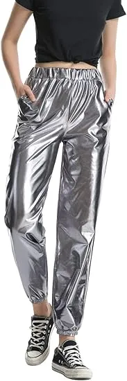 Metallic Silver Elastic Jogger Pants