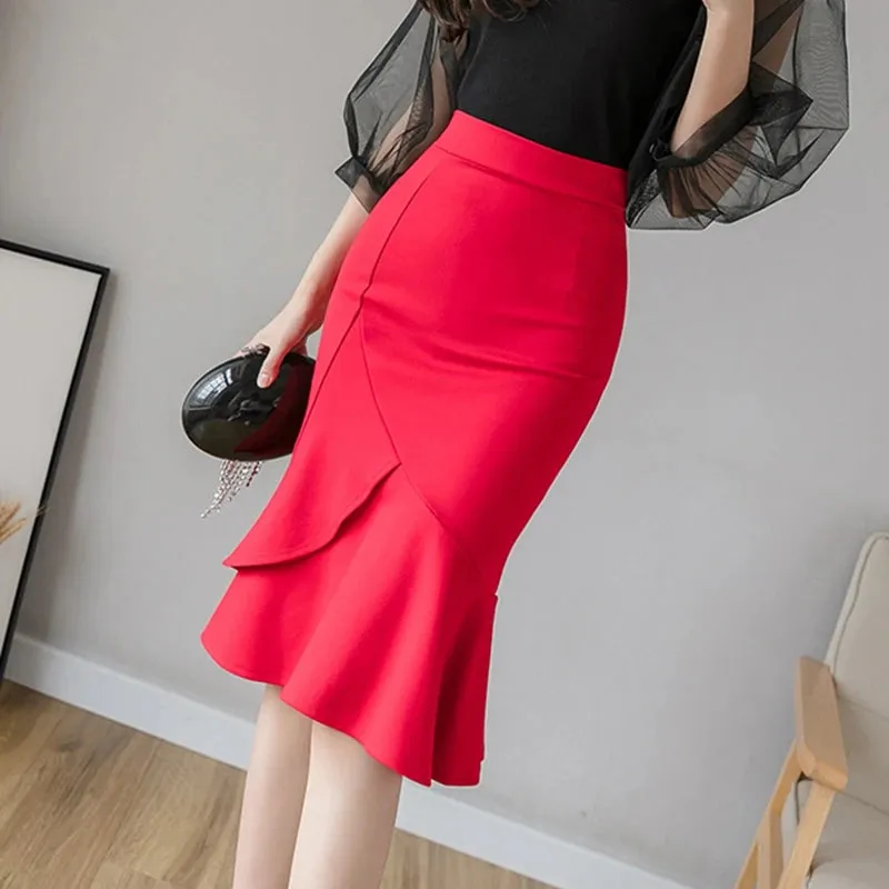 Oversized Winter Black Long Skirts 2024 Fashion Button High Waist Sexy Red Skirt Women Clothing Elegant Korean Office Midi Skirt