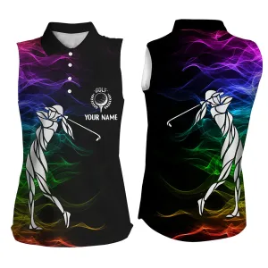 Personalized Colorful Rainbow Smoke Pattern Black Womens Sleeveless Polo Shirts Custom Ladies Golf Top