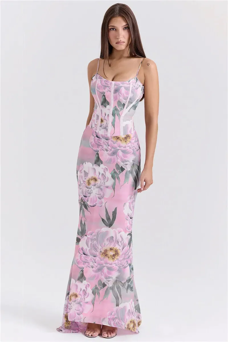 Pink Printed Corset Maxi Dres