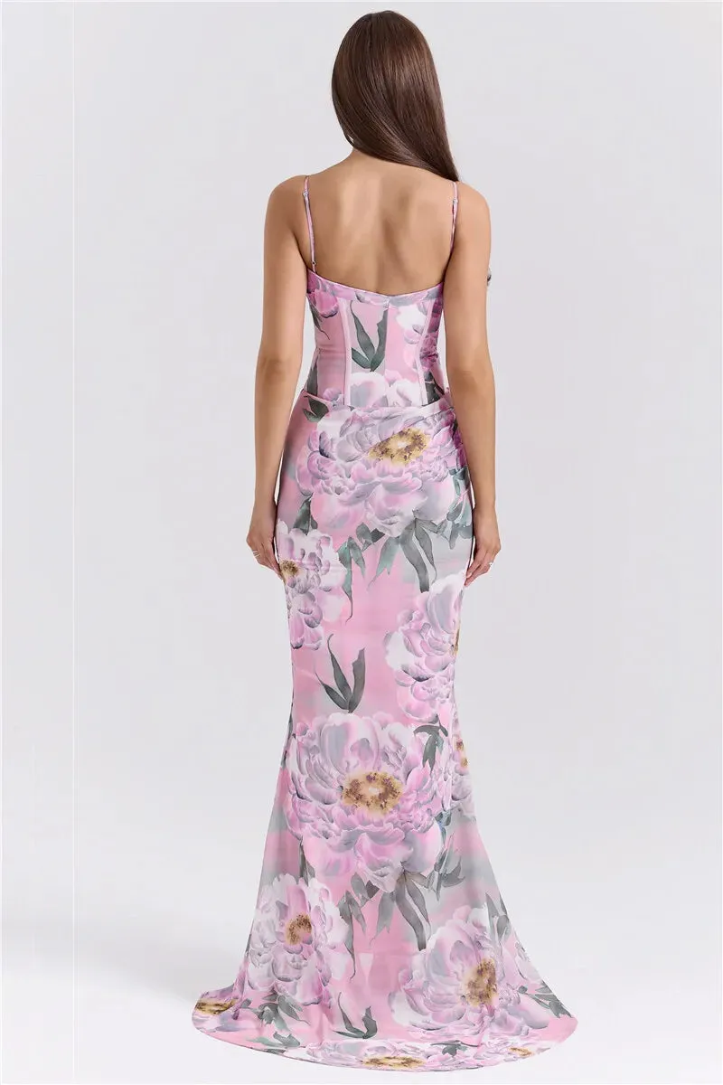 Pink Printed Corset Maxi Dres
