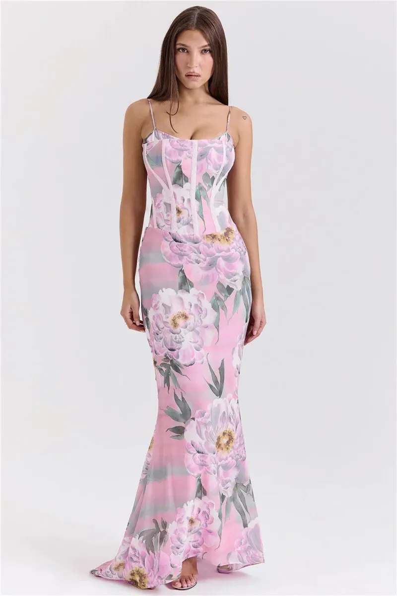 Pink Printed Corset Maxi Dres