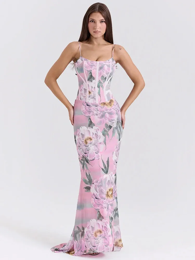 Pink Printed Corset Maxi Dres