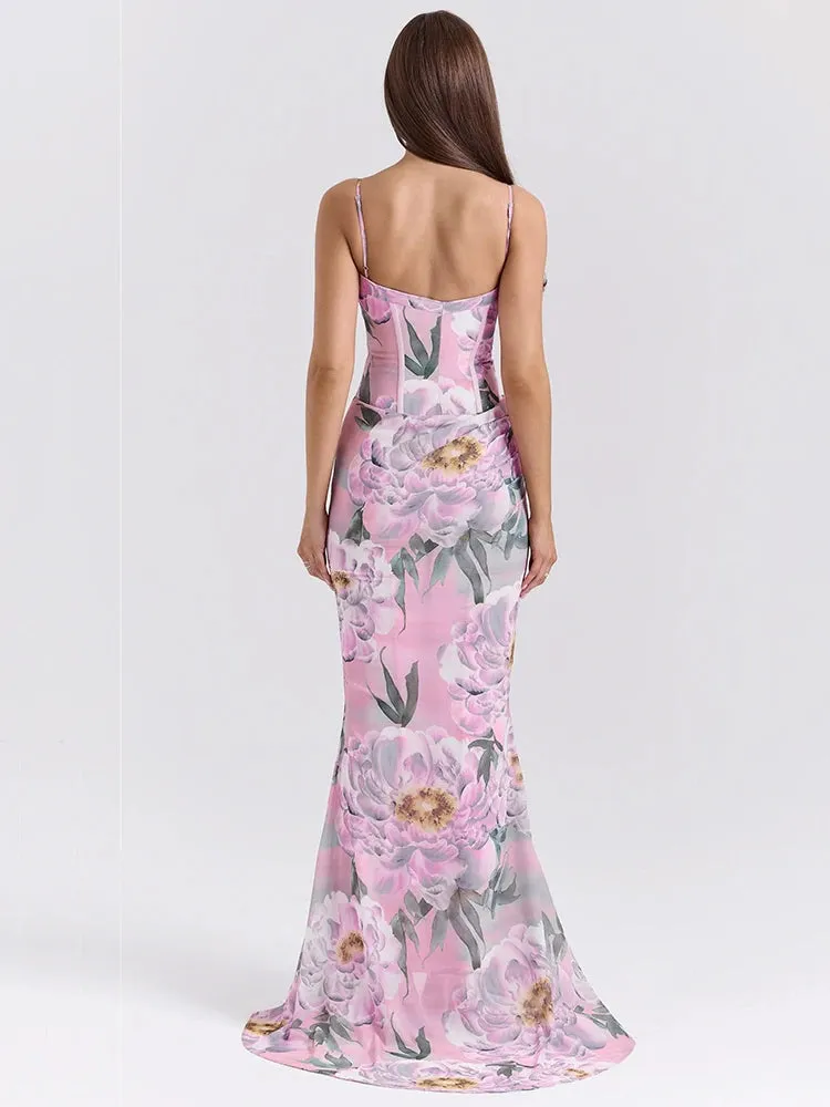 Pink Printed Corset Maxi Dres