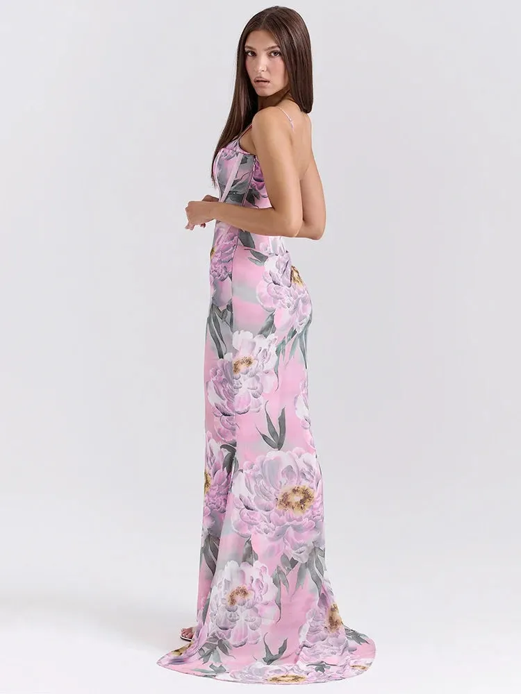 Pink Printed Corset Maxi Dres