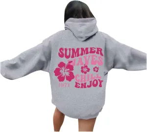 Pink Puff Hoodie For Women Oversized Summer Waves Chill Enjoy Letter Graphic Comfort Sweatshirts
