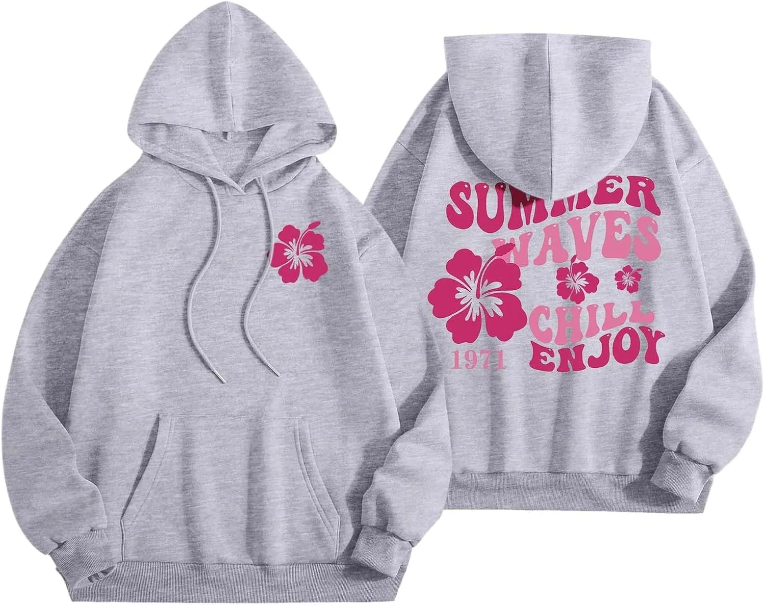 Pink Puff Hoodie For Women Oversized Summer Waves Chill Enjoy Letter Graphic Comfort Sweatshirts