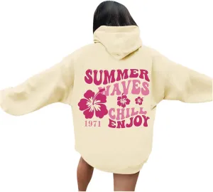 Pink Puff Hoodie For Women Oversized Summer Waves Chill Enjoy Letter Graphic Comfort Sweatshirts