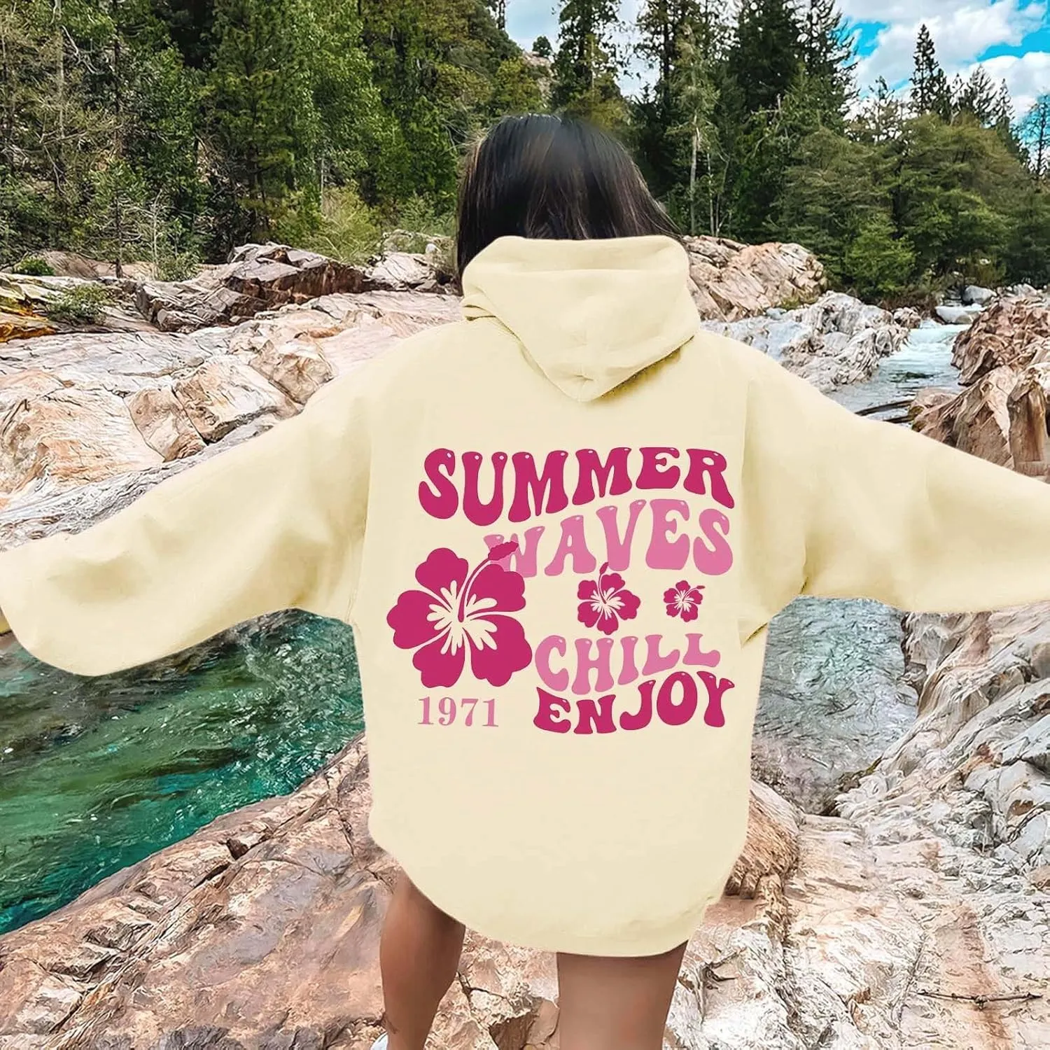 Pink Puff Hoodie For Women Oversized Summer Waves Chill Enjoy Letter Graphic Comfort Sweatshirts