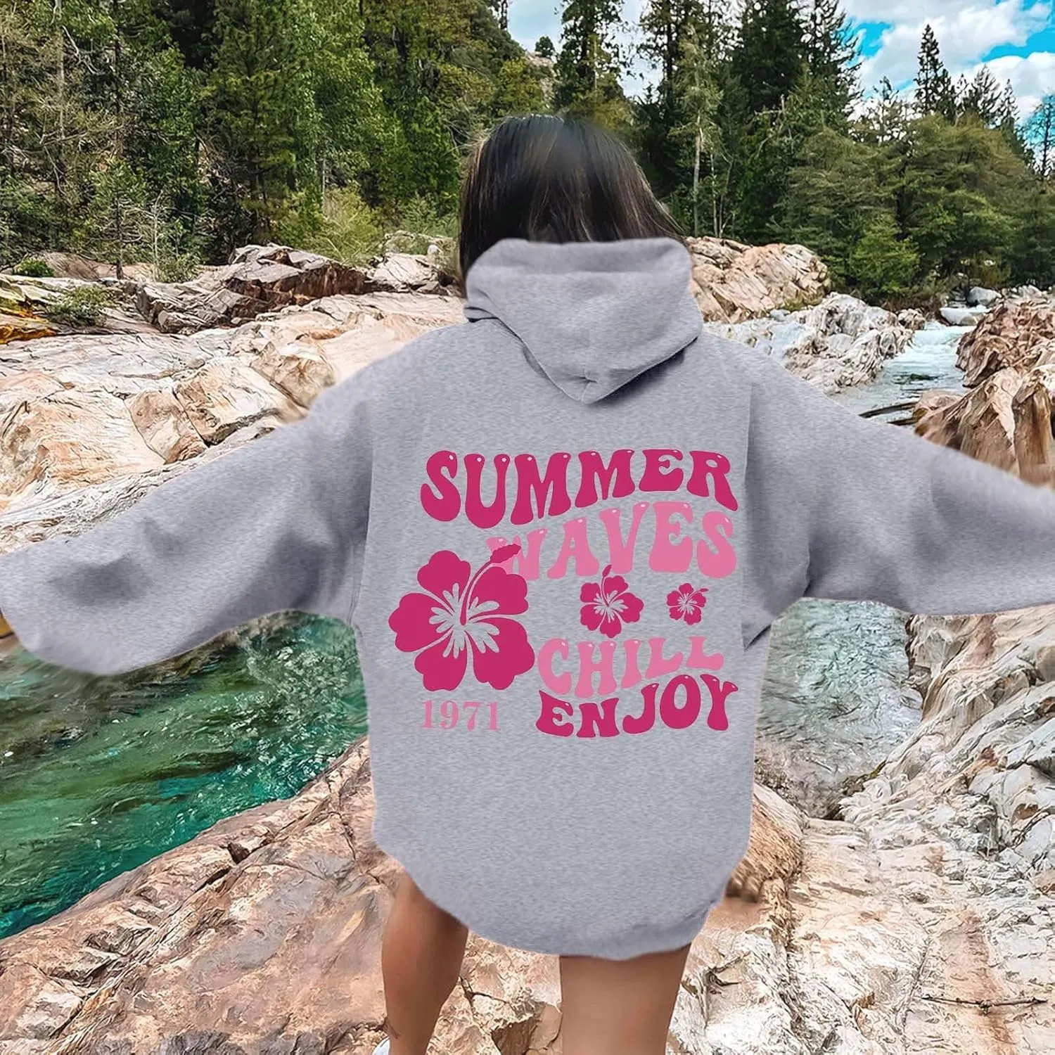 Pink Puff Hoodie For Women Oversized Summer Waves Chill Enjoy Letter Graphic Comfort Sweatshirts