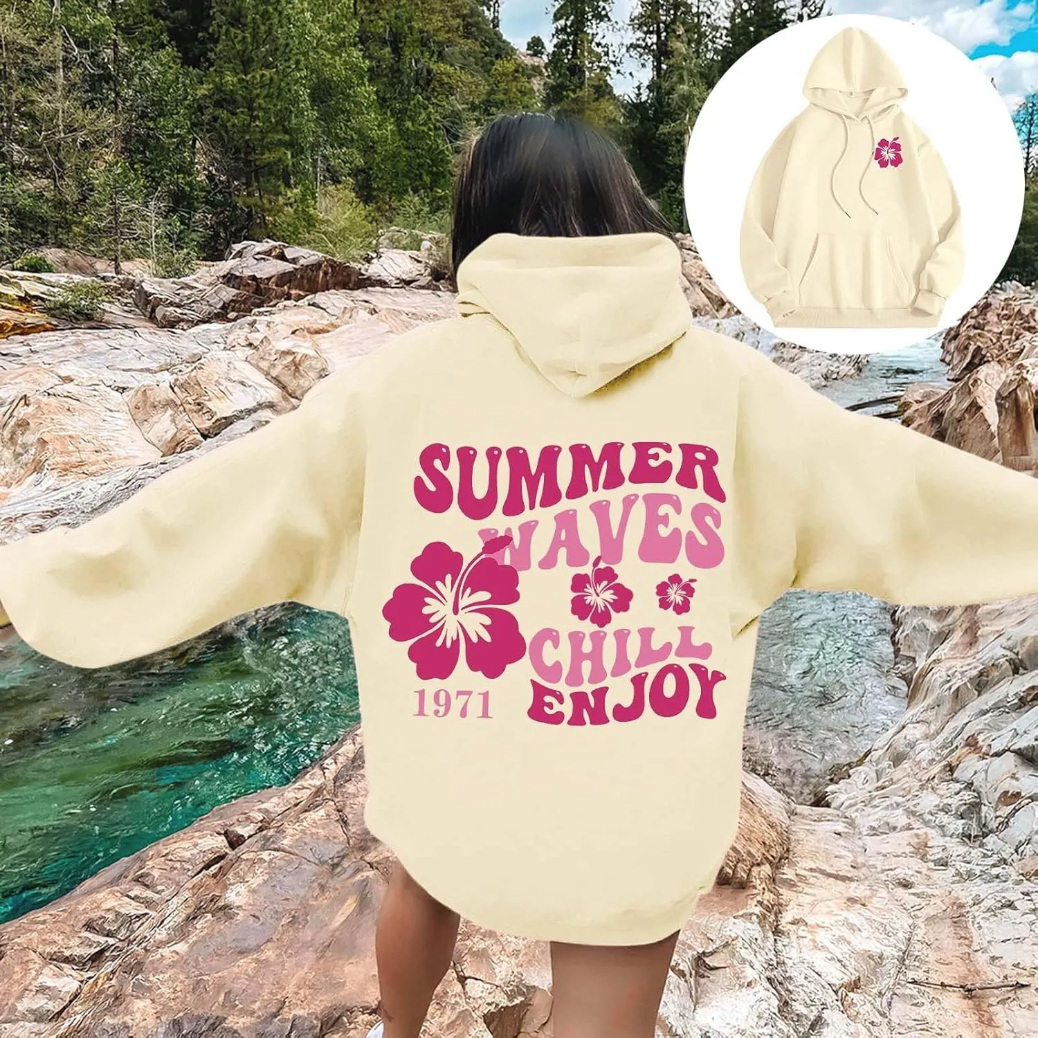 Pink Puff Hoodie For Women Oversized Summer Waves Chill Enjoy Letter Graphic Comfort Sweatshirts