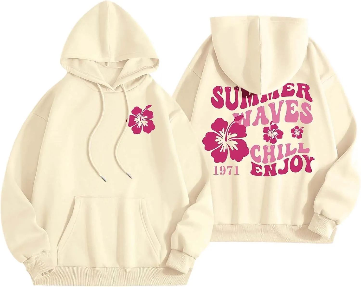 Pink Puff Hoodie For Women Oversized Summer Waves Chill Enjoy Letter Graphic Comfort Sweatshirts