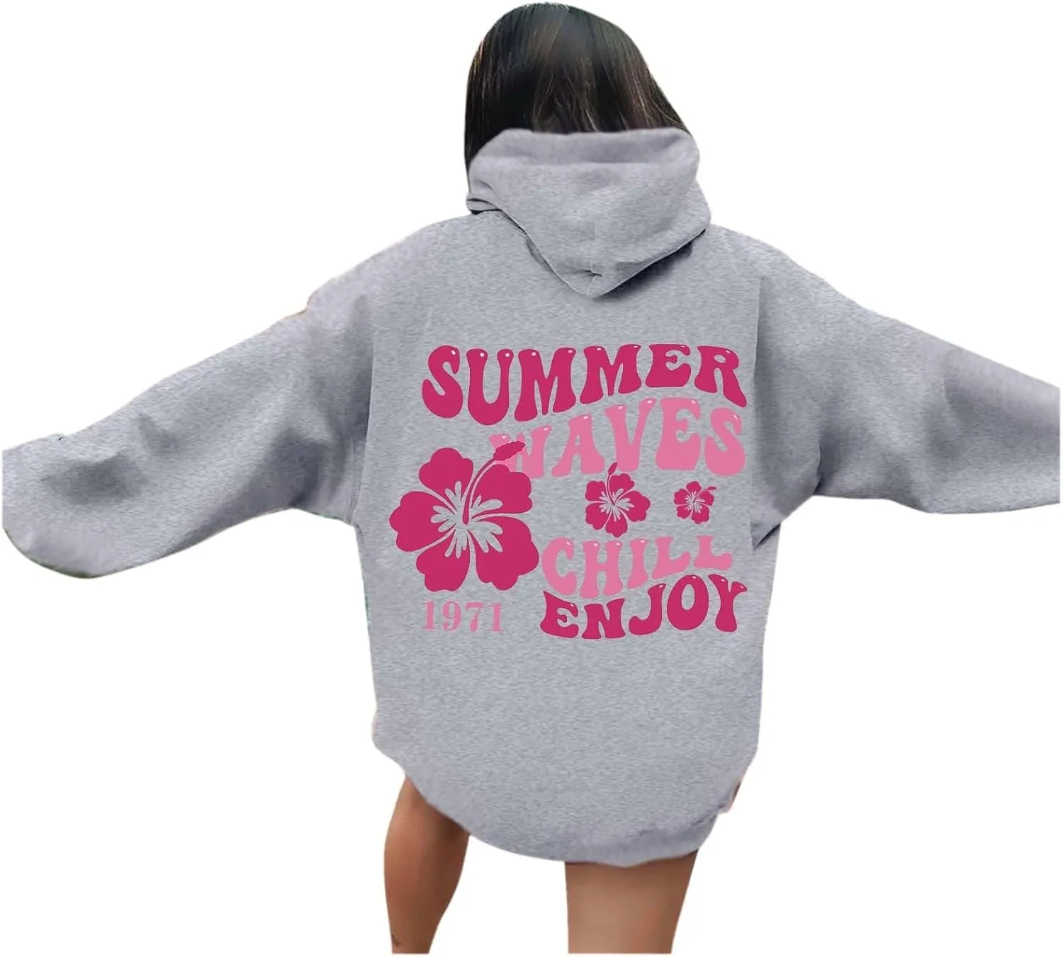 Pink Puff Hoodie For Women Oversized Summer Waves Chill Enjoy Letter Graphic Comfort Sweatshirts