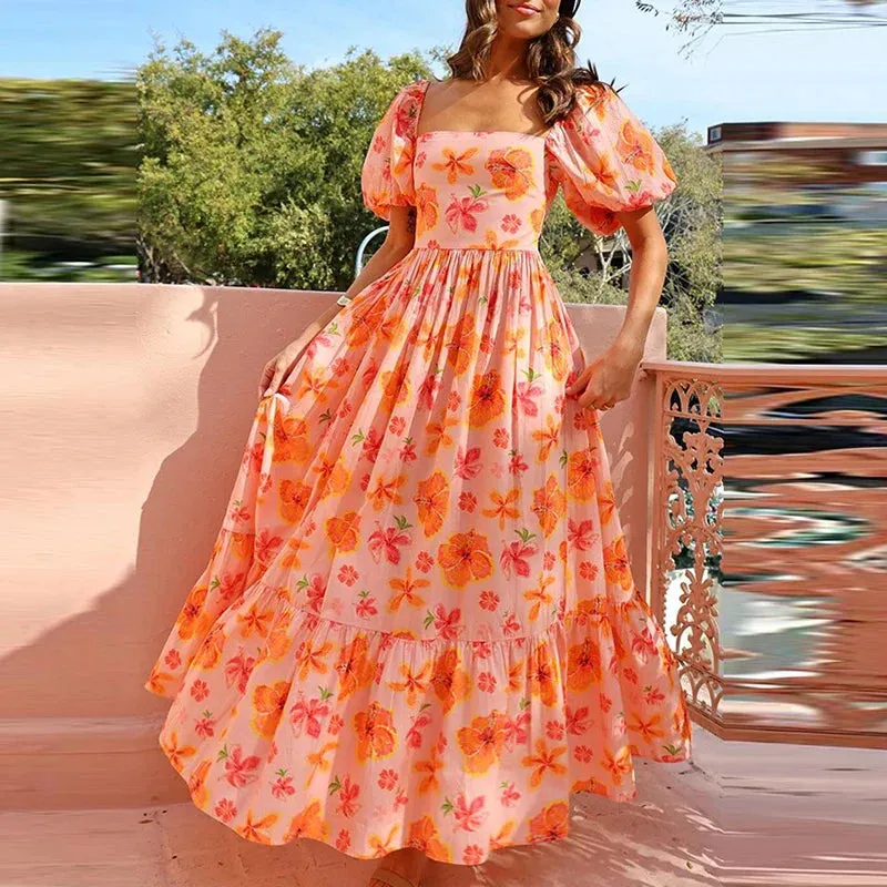 Pleat Waist Elegant Square Collar French Style Print Puff Sleeve Bohe Floral Summer Dress