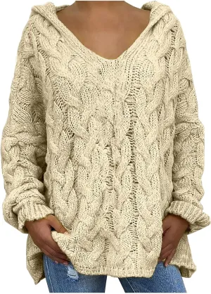 Plus Size Sweater for Women Hooded Fashion Cable Knit Sweatshirt Long Sleeve Oversized Knitwear Top Crewneck Hoodies