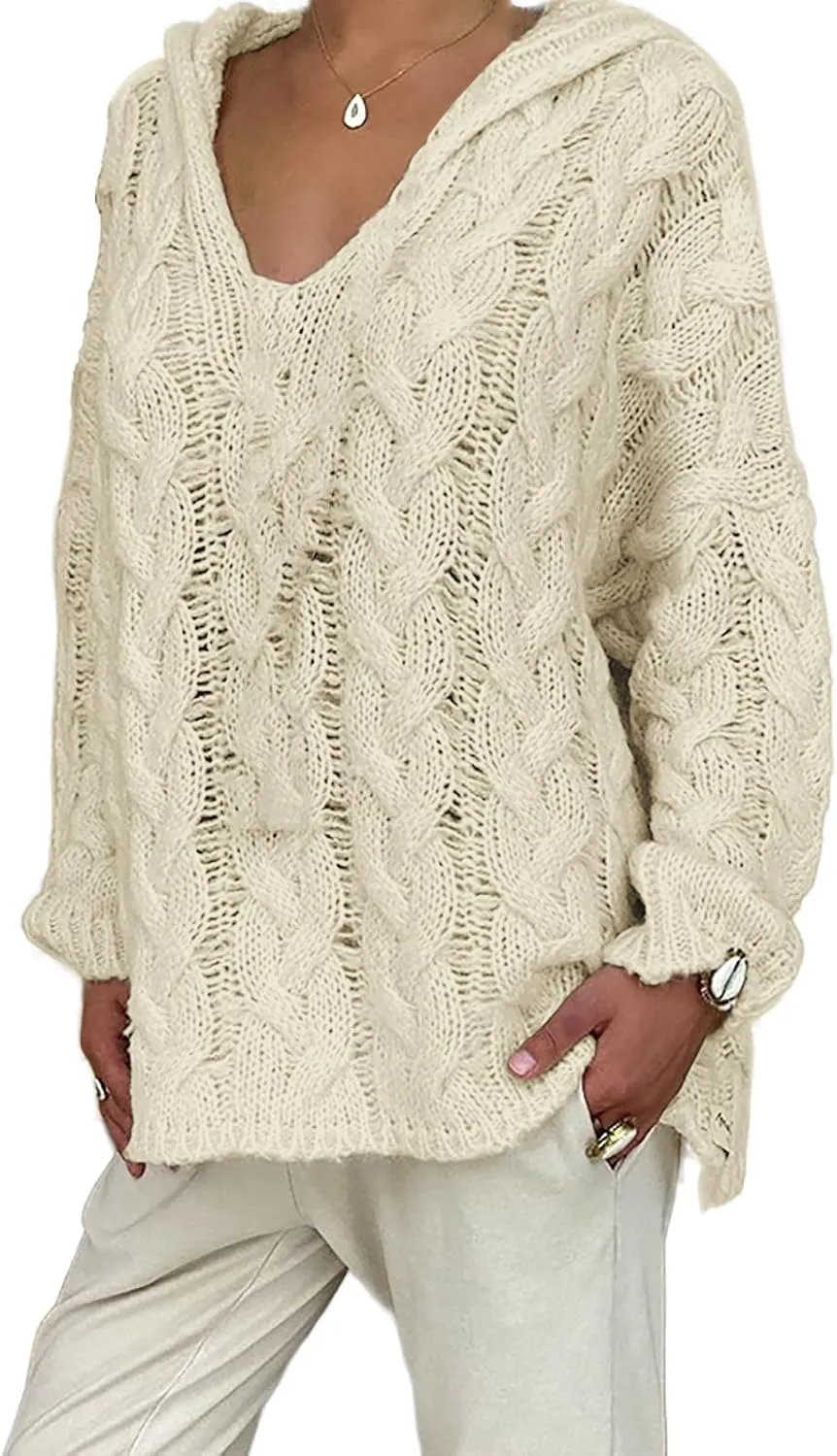 Plus Size Sweater for Women Hooded Fashion Cable Knit Sweatshirt Long Sleeve Oversized Knitwear Top Crewneck Hoodies