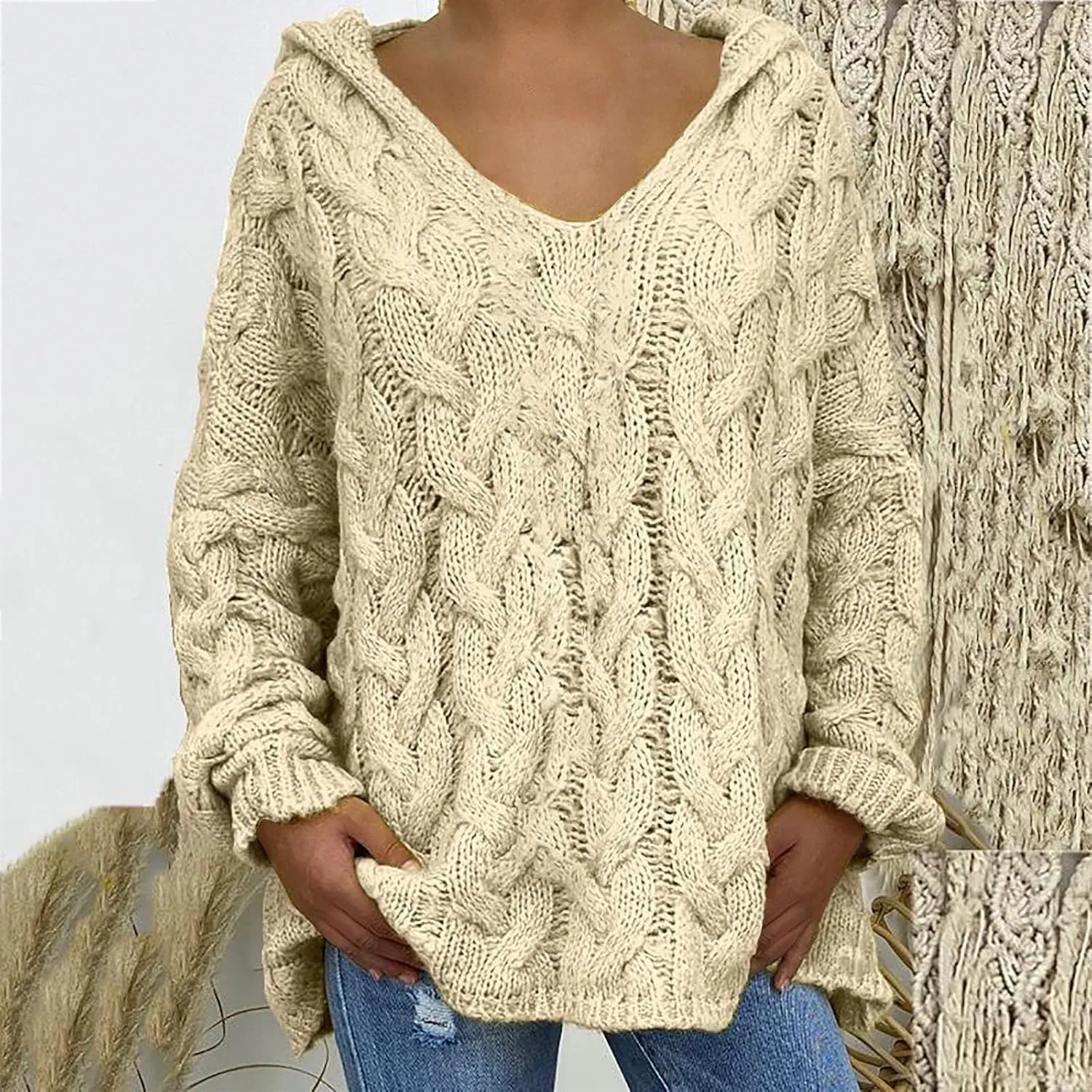 Plus Size Sweater for Women Hooded Fashion Cable Knit Sweatshirt Long Sleeve Oversized Knitwear Top Crewneck Hoodies