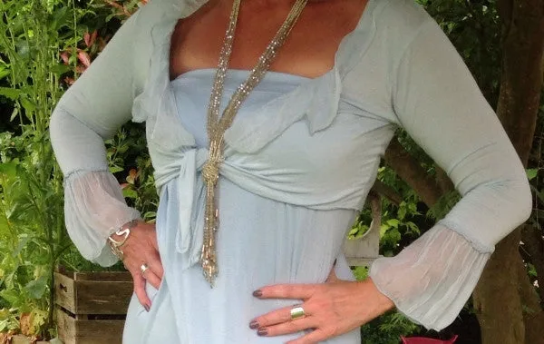Silk Edged Tie Front Wrap in Powder Blue One Size Feathers Of Italy