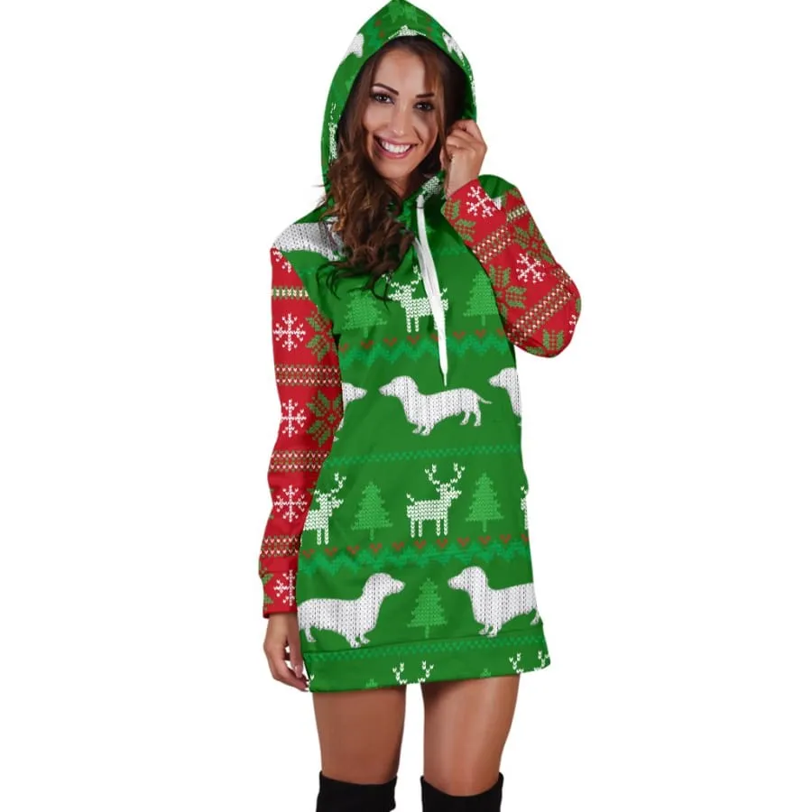 Ugly Christmas Sweater Hoodie Dress With Dachshunds| Christmas Gift