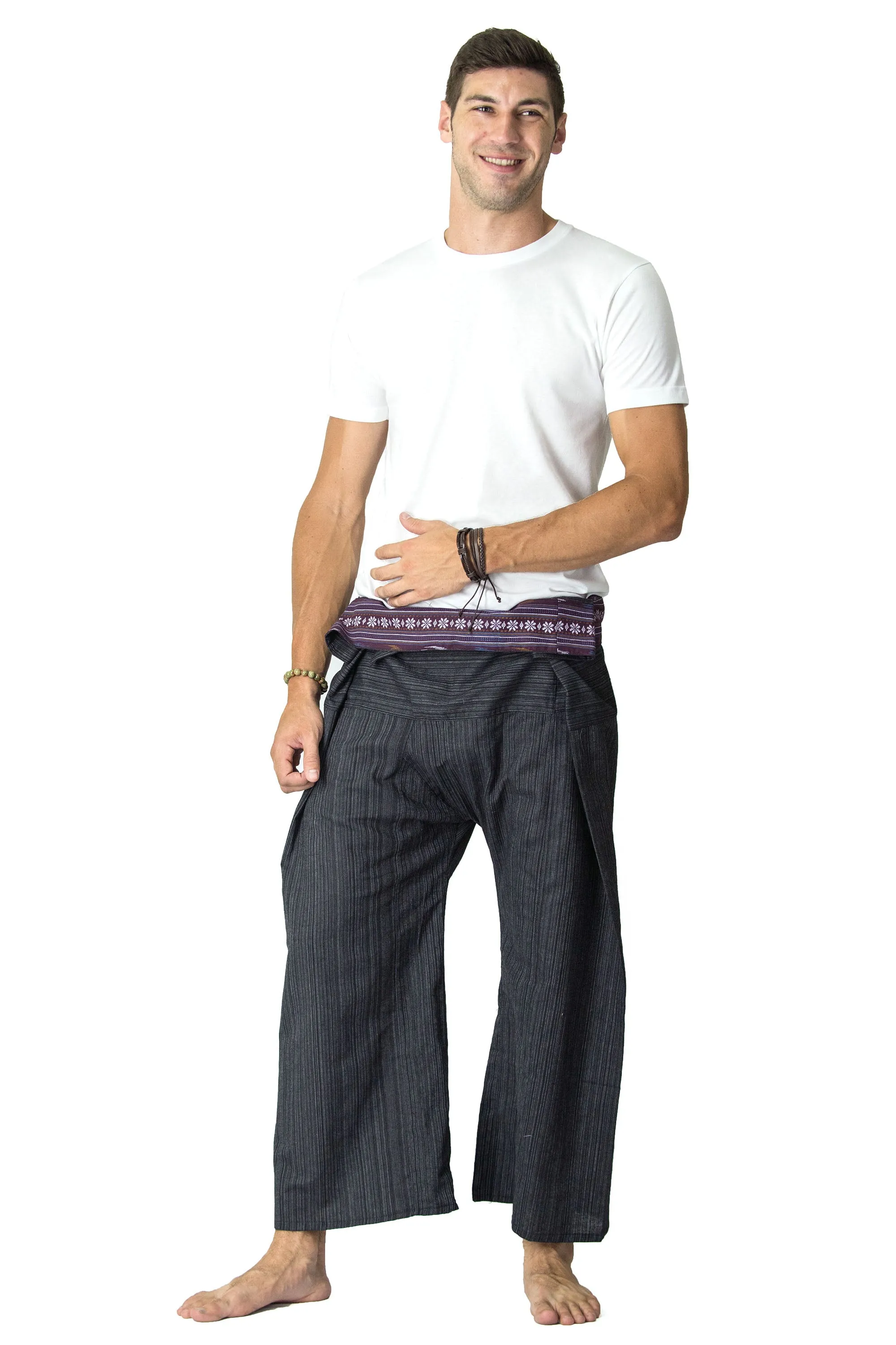 Unisex Pinstripe Thai Fisherman Pants in Black
