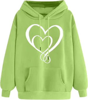 Women Heart Print Hoodie Classic Solid Graphic Oversized Pullover Valentines Day Long Sleeve Sweatshirt with Pocket