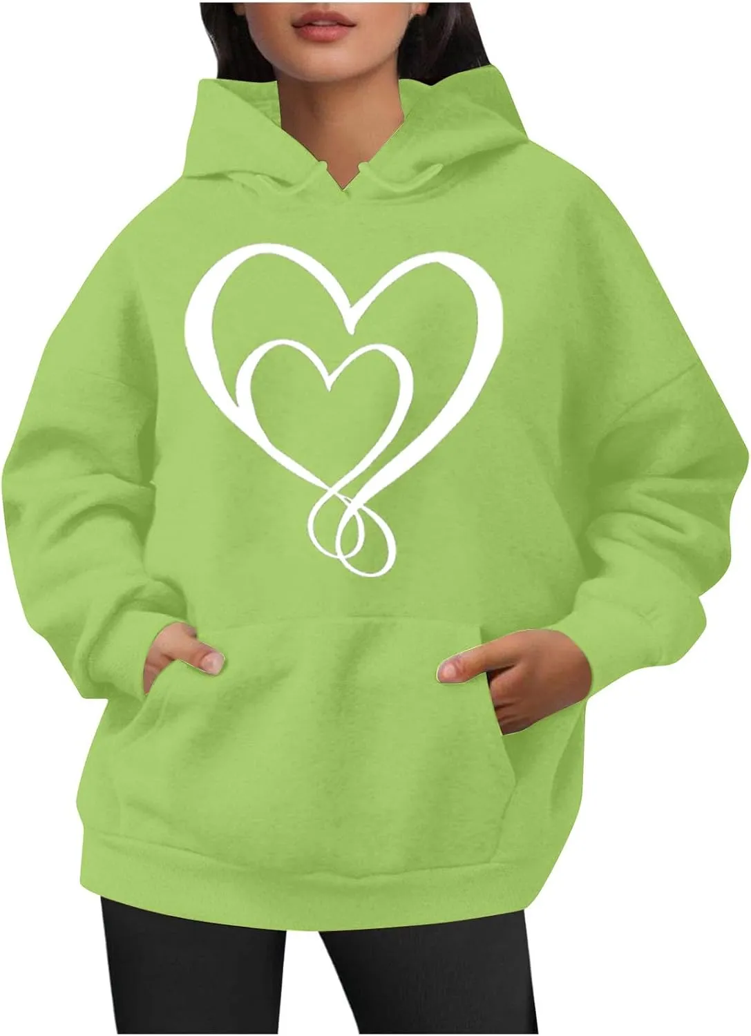 Women Heart Print Hoodie Classic Solid Graphic Oversized Pullover Valentines Day Long Sleeve Sweatshirt with Pocket
