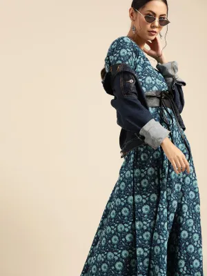 Womens Indigo Floral Printed Flared Dress With Round Neck & Three Quarters Sleeves