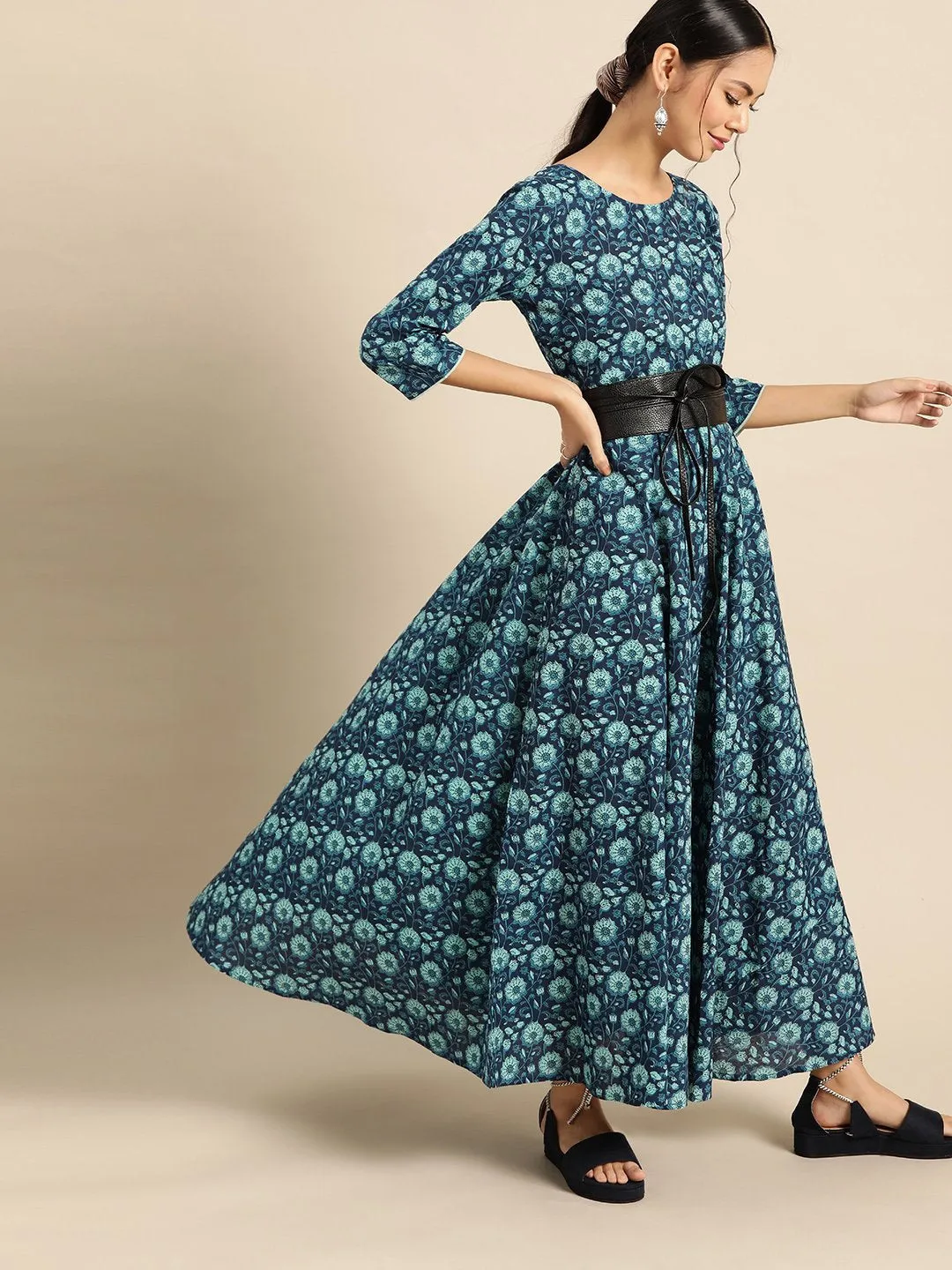Womens Indigo Floral Printed Flared Dress With Round Neck & Three Quarters Sleeves
