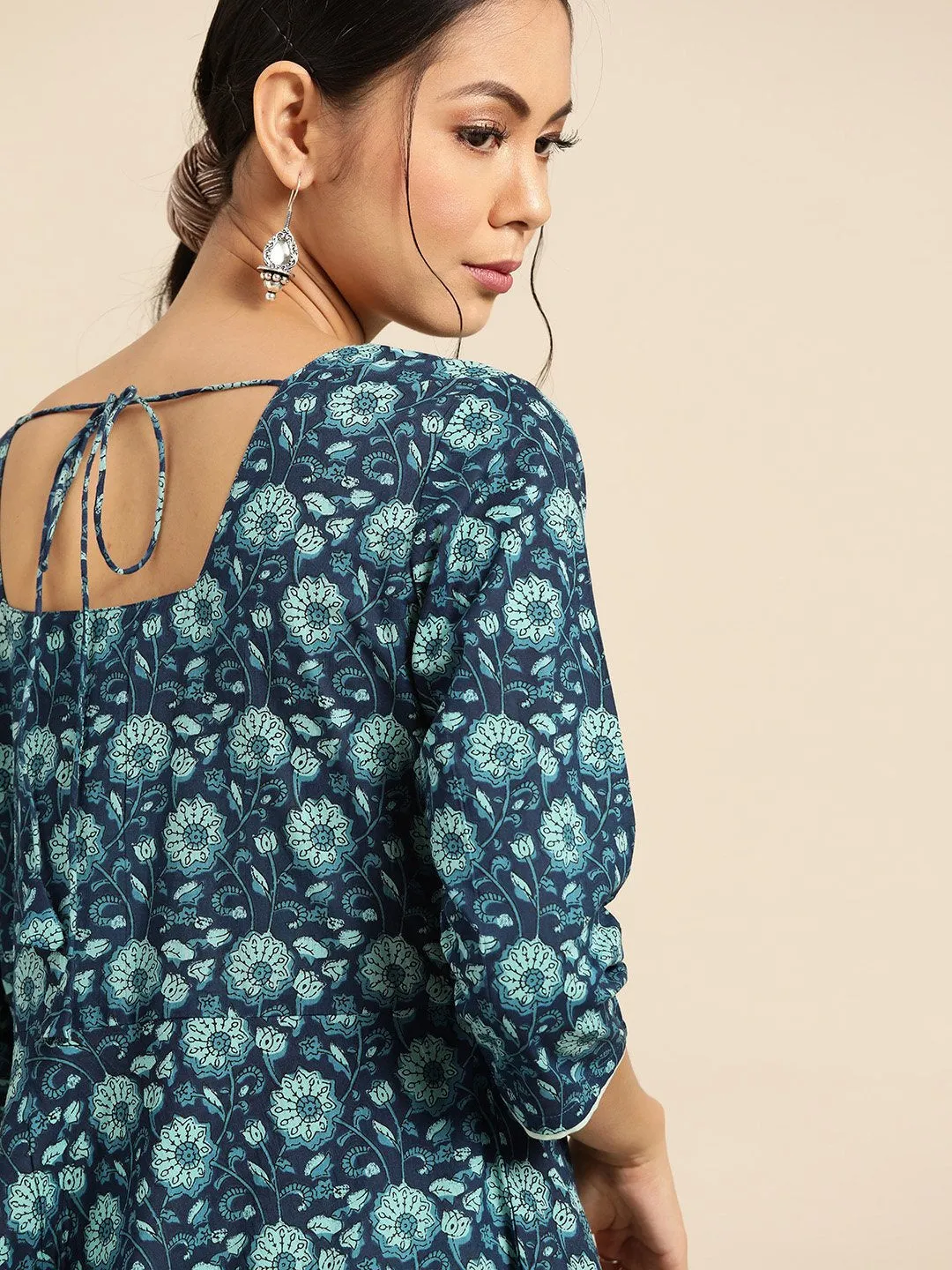 Womens Indigo Floral Printed Flared Dress With Round Neck & Three Quarters Sleeves