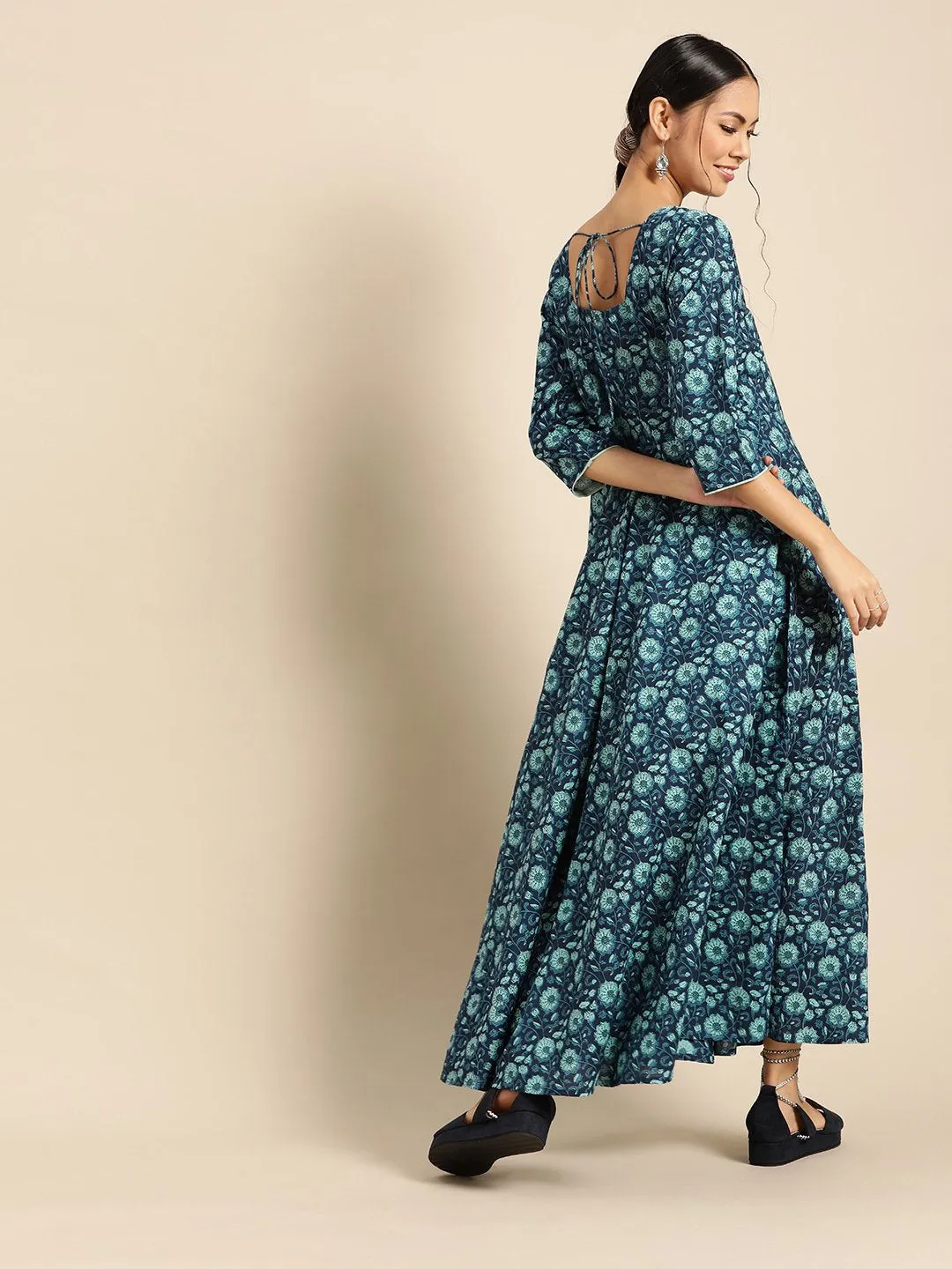 Womens Indigo Floral Printed Flared Dress With Round Neck & Three Quarters Sleeves