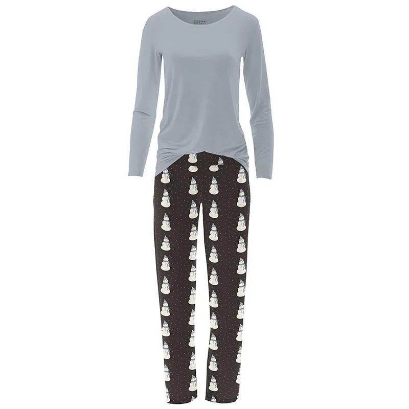 Women's Print Bamboo Long Sleeve Loosey Goosey Tee & Pajama Pants Set - Midnight Snowman