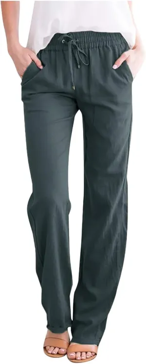Women's Solid Color Linen Pants - Drawstring Waist Loose Fit Slim Casual Trousers, Comfortable Relaxed Long Pants