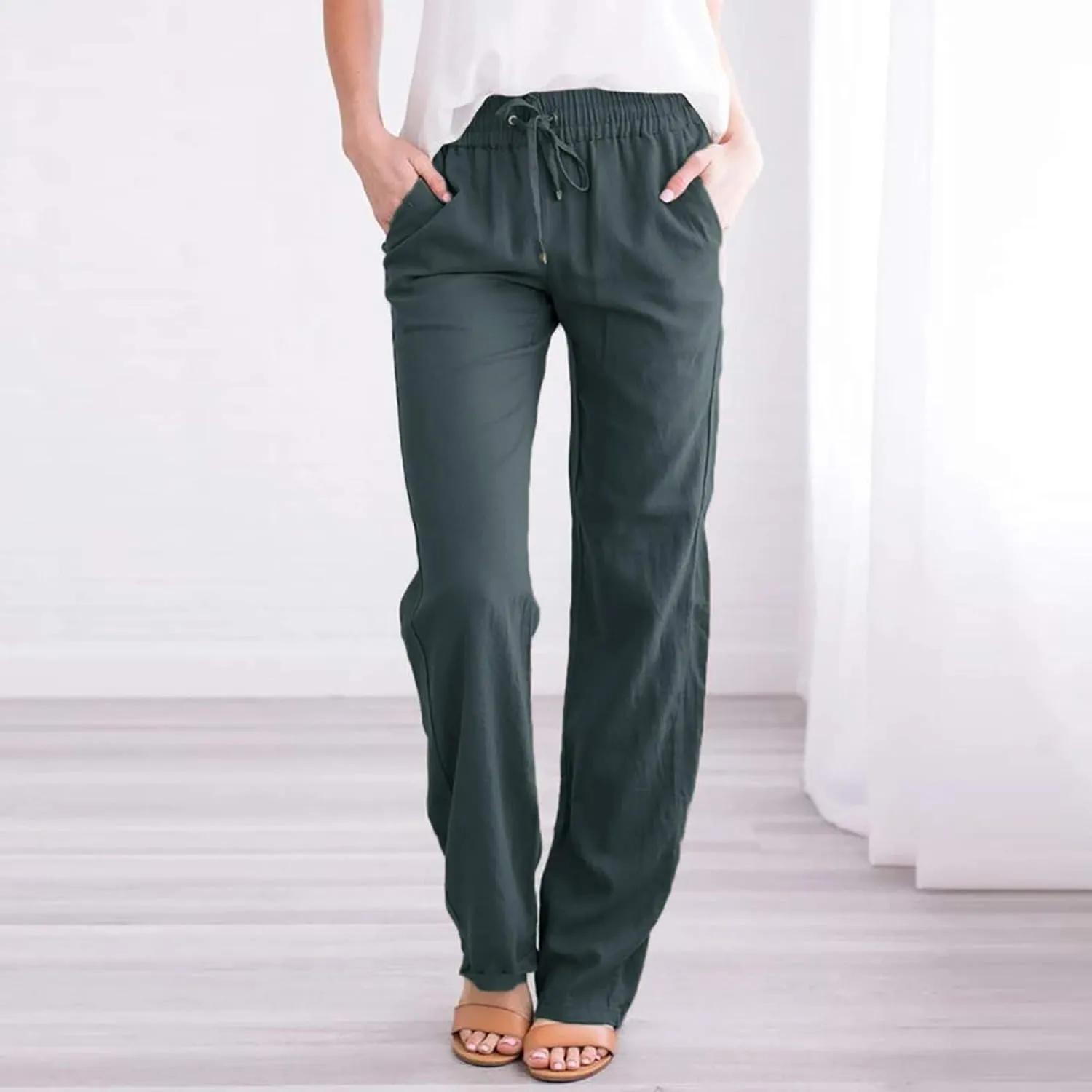 Women's Solid Color Linen Pants - Drawstring Waist Loose Fit Slim Casual Trousers, Comfortable Relaxed Long Pants